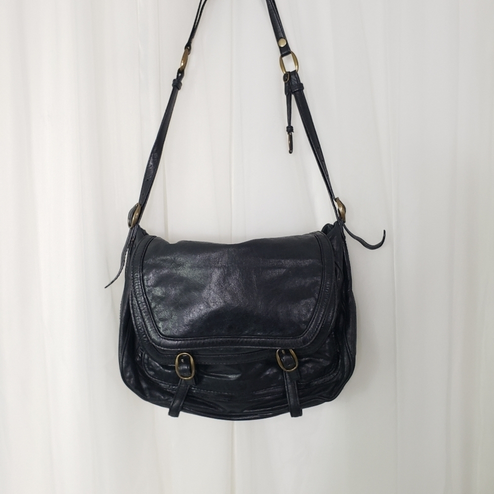 Olivia Harris black leather satchel bag multiple compartment